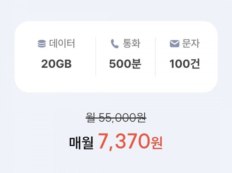 SKT망, 통화 500분, 데이터 20GB