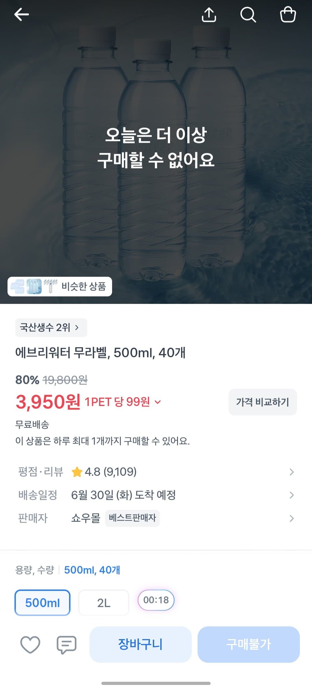 에브리워터 무라벨, 500ml, 40개