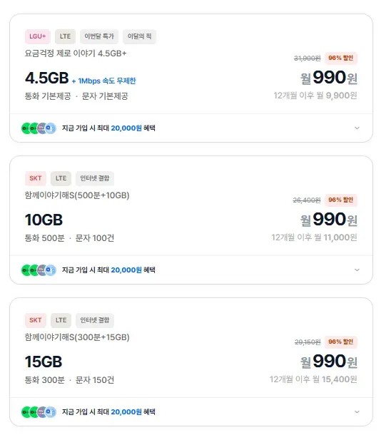 SKT망 알뜰폰 15GB / 300분 990원 12개월