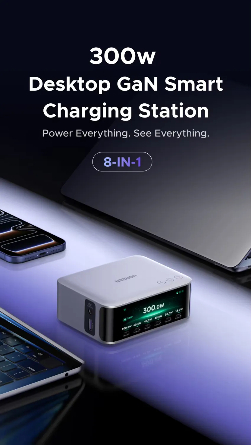 UGREEN 300W GaN 스마트 디스플레이 충전기 스테이션 7in1