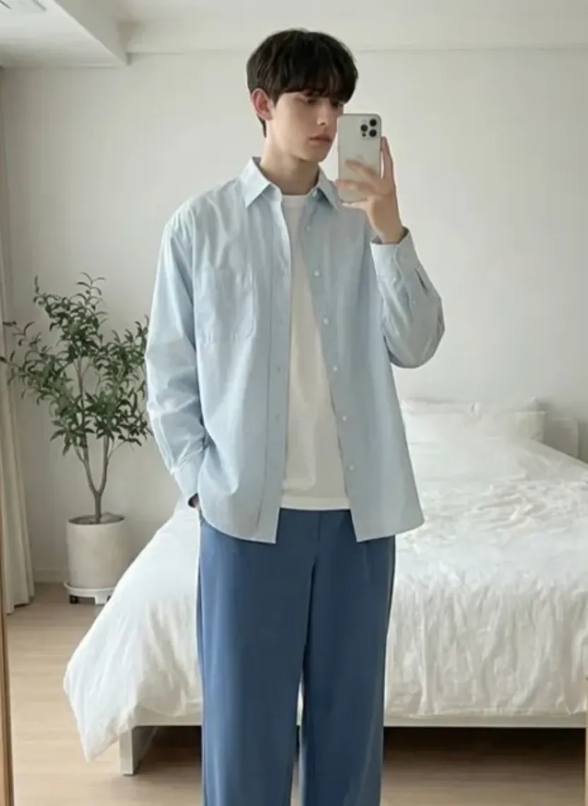 유니클로 C 브로드 오버핏 셔츠 블루