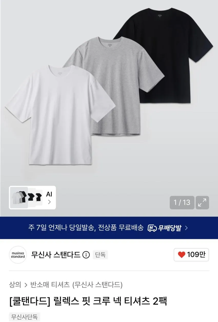 쿨탠다드 릴렉스 핏 크루 넥 티셔츠 2팩