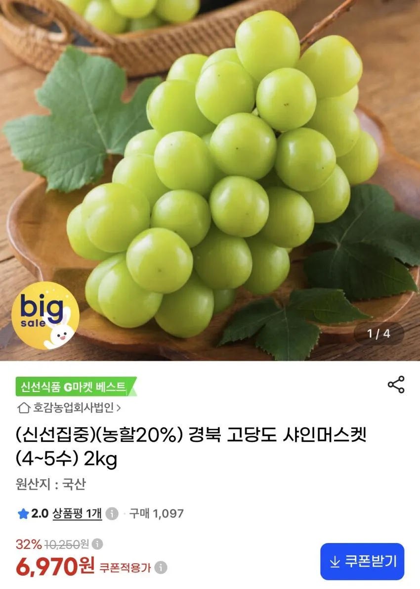 경북 고당도 샤인머스켓 (4~5수) 2kg