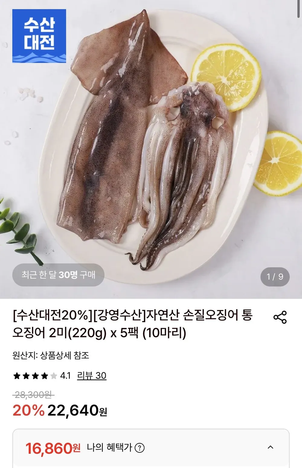 자연산 손질오징어 통오징어 2미(220g) x 5팩