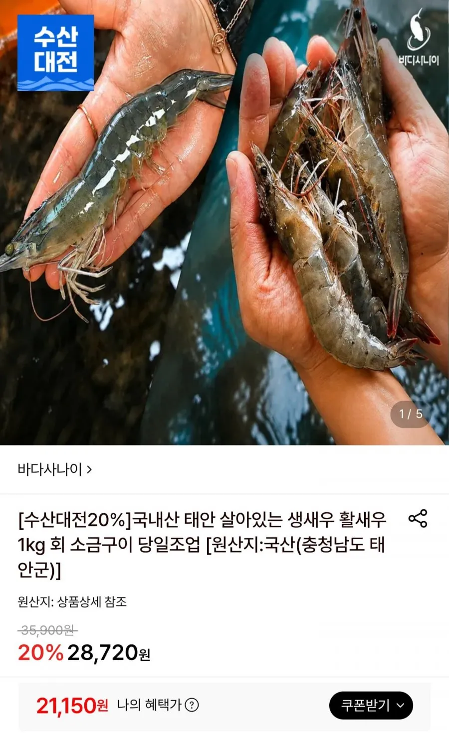 국내산 태안 활새우 1kg 32미 내외
