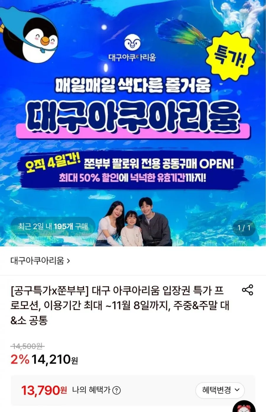대구 아쿠아리움 입장권 주중주말 대소 공통