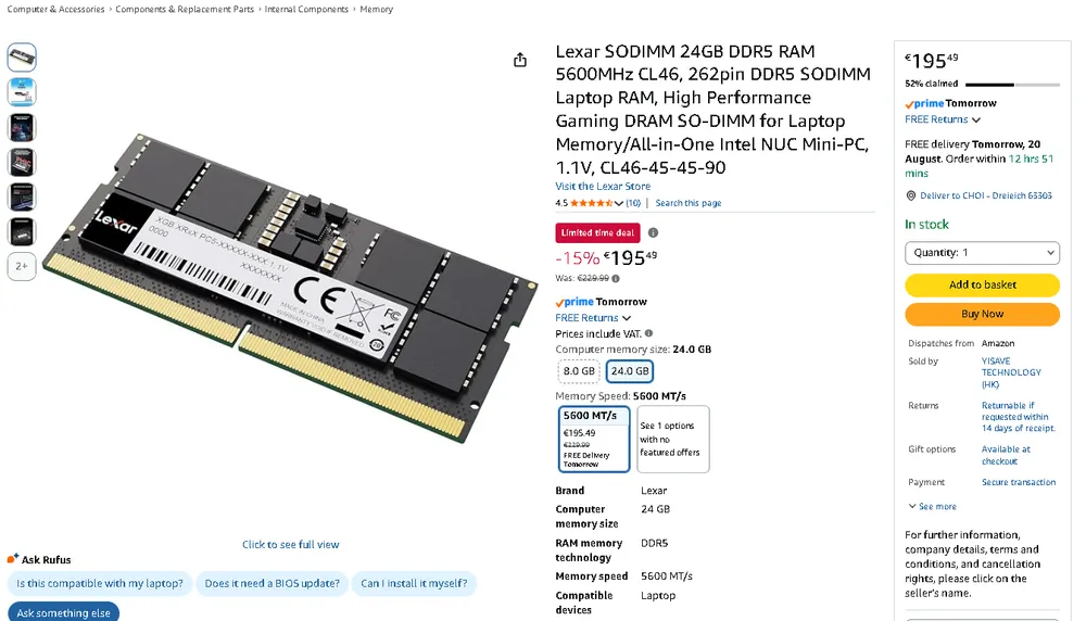 Lexar SODIMM 24GB DDR5 RAM 5600MHz CL46