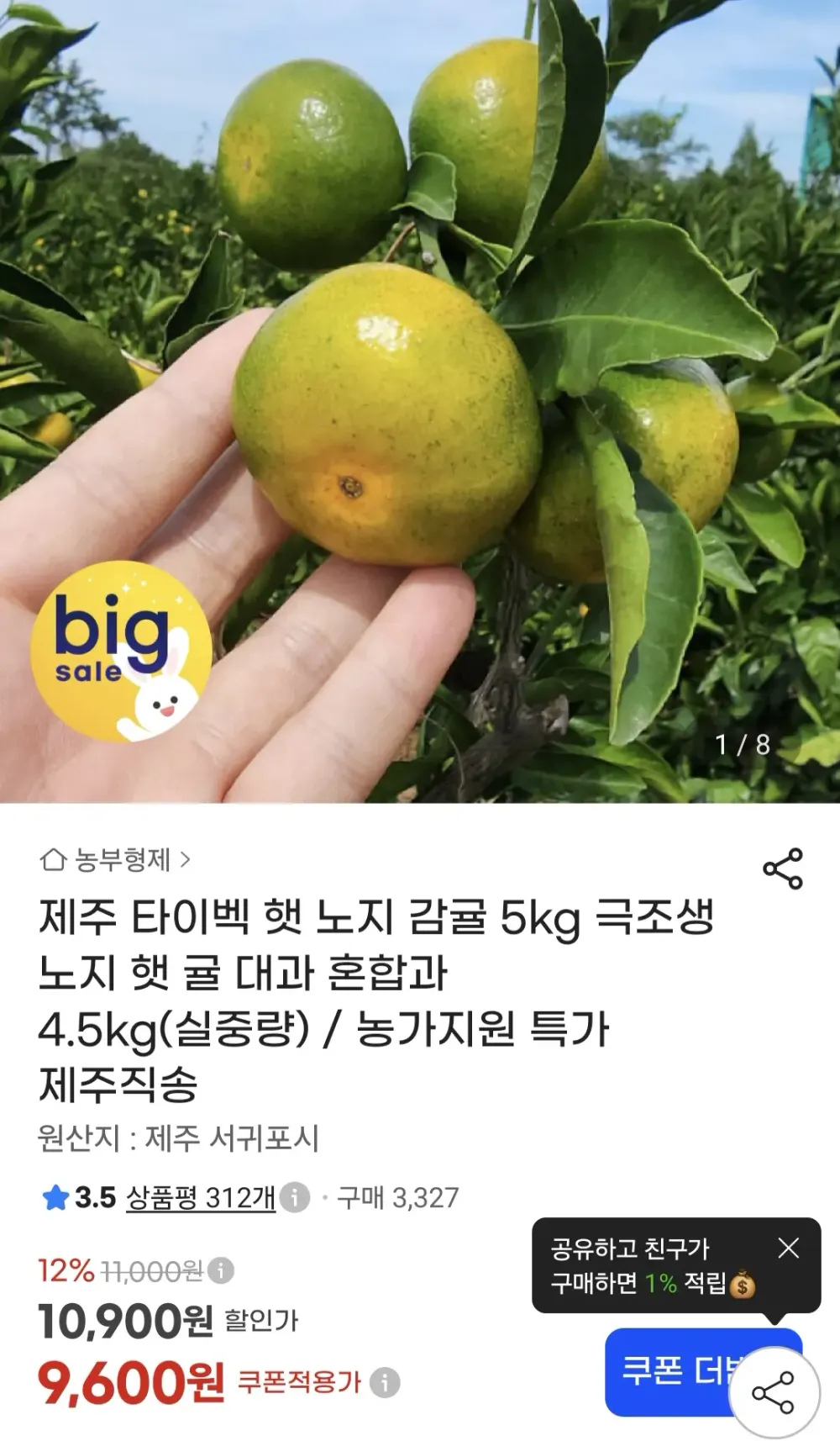 제주 타이벡 햇 노지 감귤 혼합과 5kg